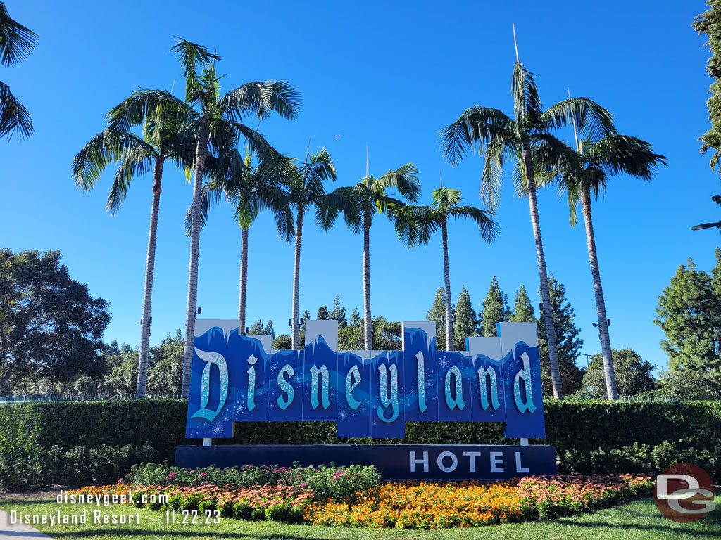 The Disneyland Hotel holiday decorations are up and are new this year.  Here is the entrance sign on Magic Way