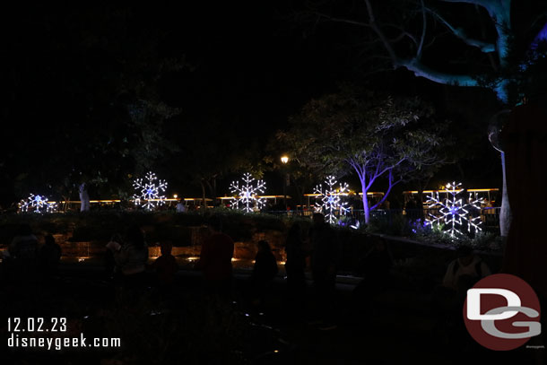 The Downtown Disney snow flakes lit up