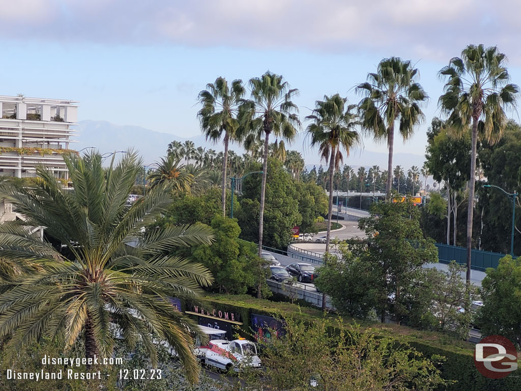 The parking structure road in the distance looks better than when  I arrived, that was backed up on the bridge and to Ball Road.