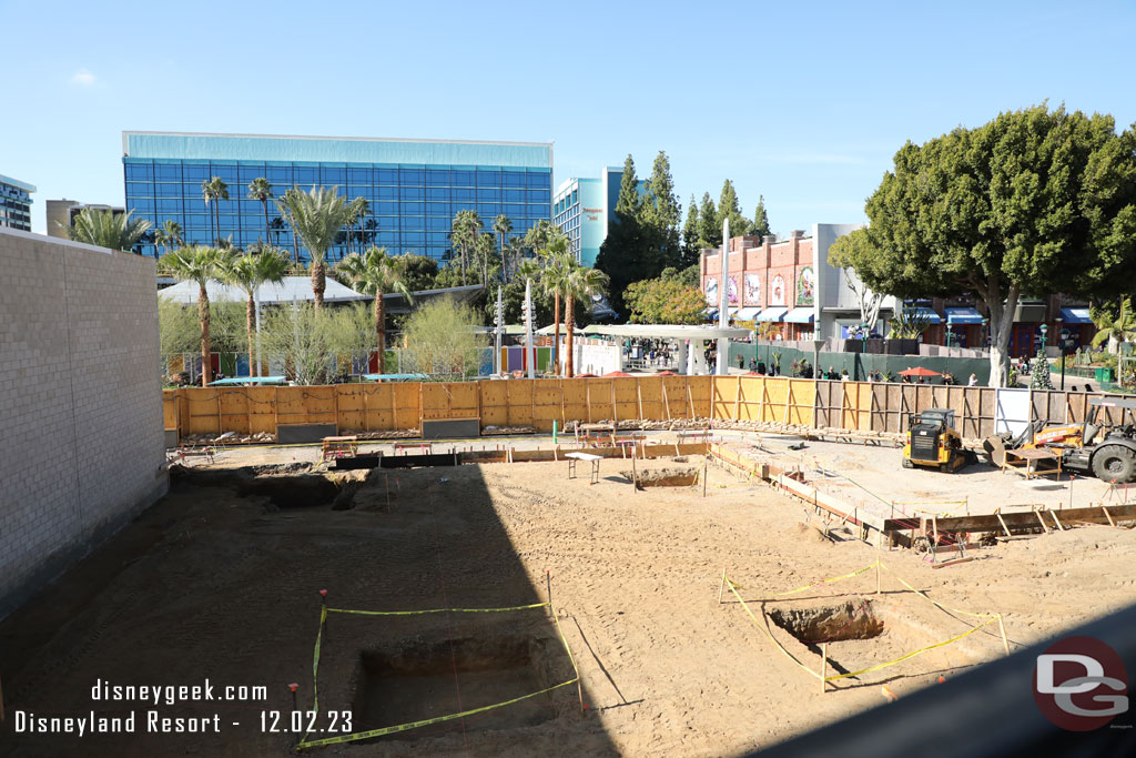 Forms up and some holes dug in the open space between the buildings and Monorail station