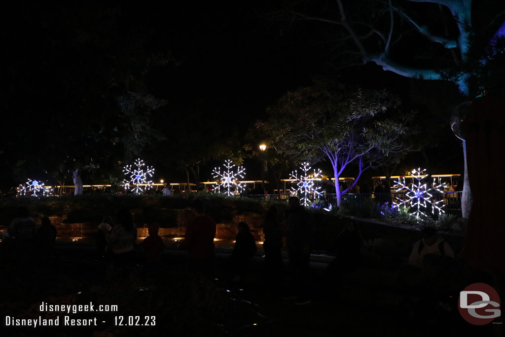 The Downtown Disney snow flakes lit up