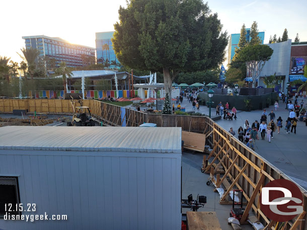 Fences still up for the concrete work where the former stage was.