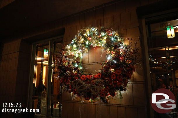 A large wreath at Disney's Grand Californian Hotel outside the Napa Rose