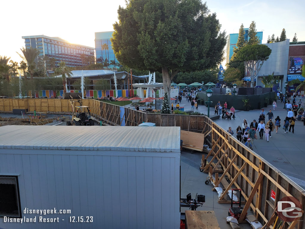 Fences still up for the concrete work where the former stage was.