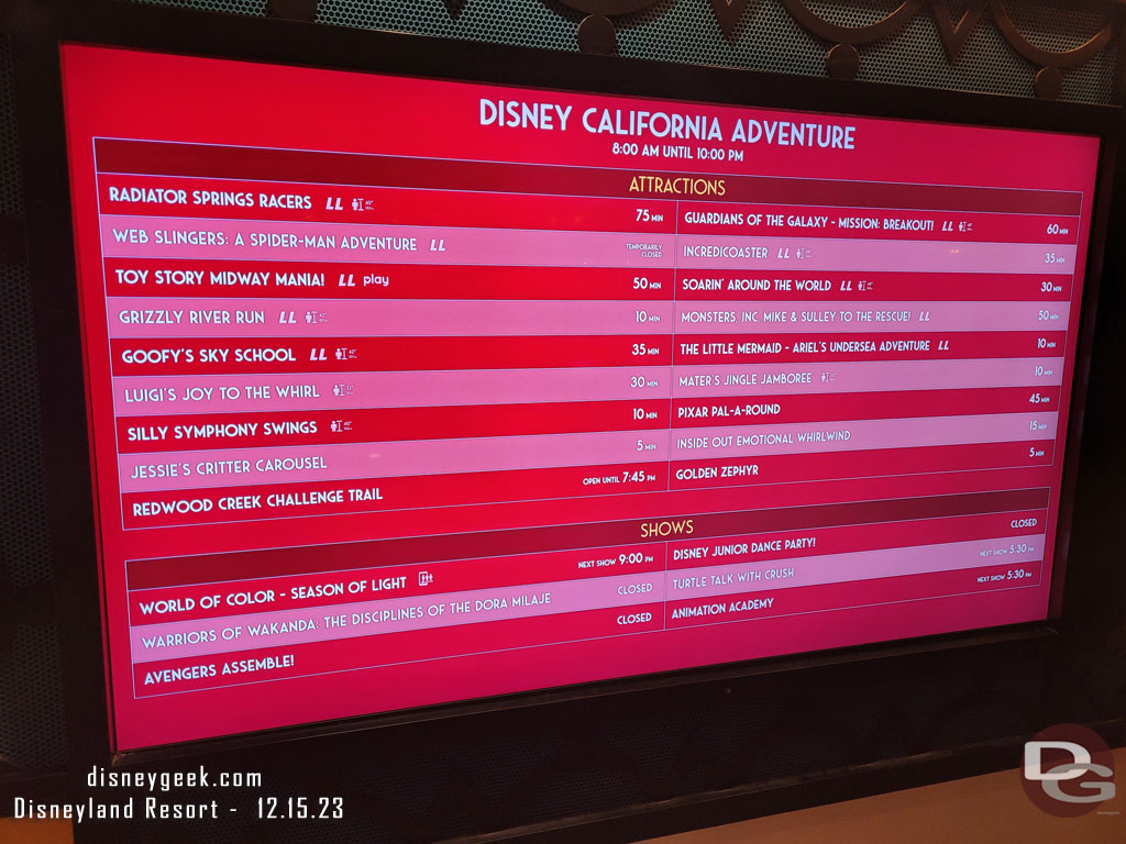 5:10pm - Some Disney California Adventure wait times