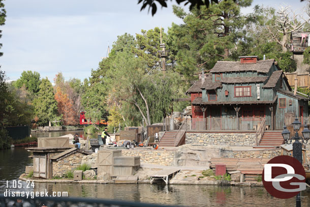 Crews working on the Fantasmic stage this morning.