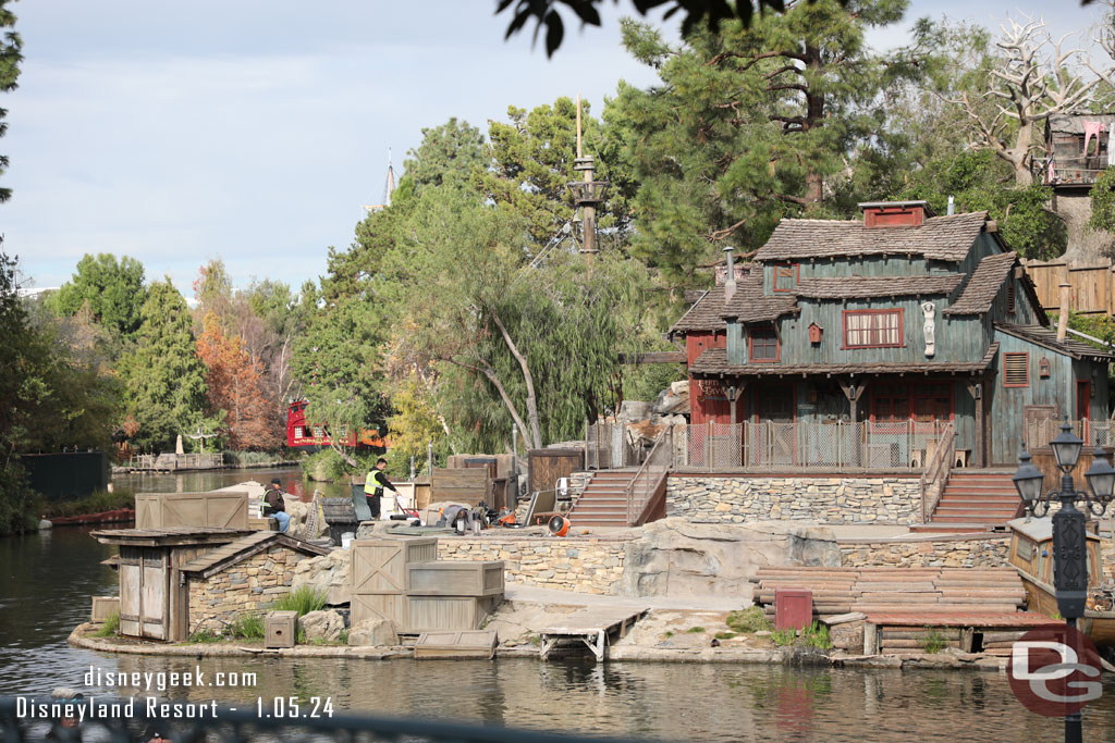 Crews working on the Fantasmic stage this morning.