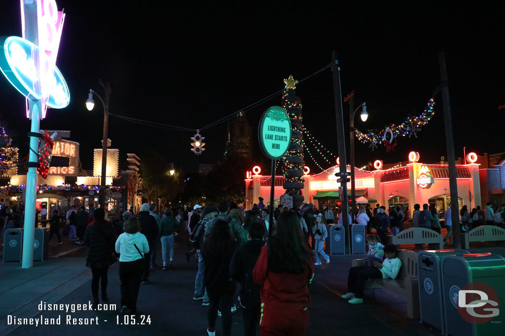 The Lightning Lane return for Radiator Springs Racers had turned and was heading down Cross Street