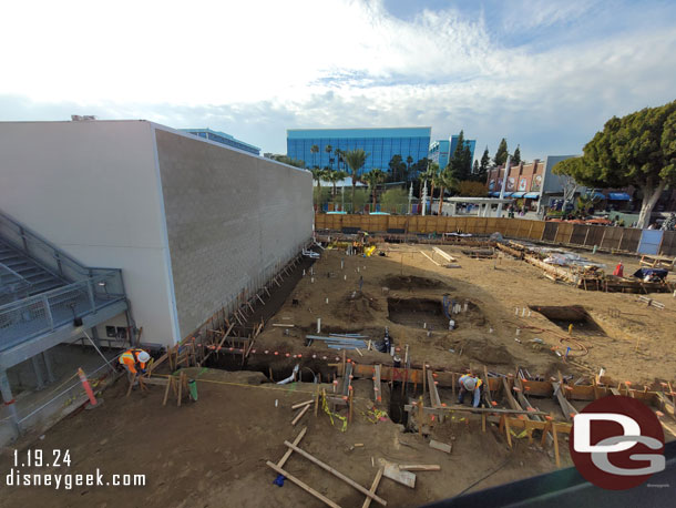 Forms and holes for footers in the area between the new building and the Monorail station.  The trenches we saw last time have been covered.