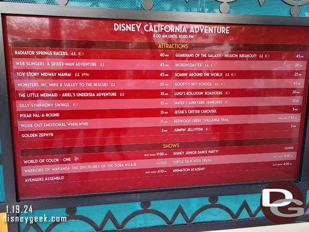 3:34pm - Disney California Adventure wait times