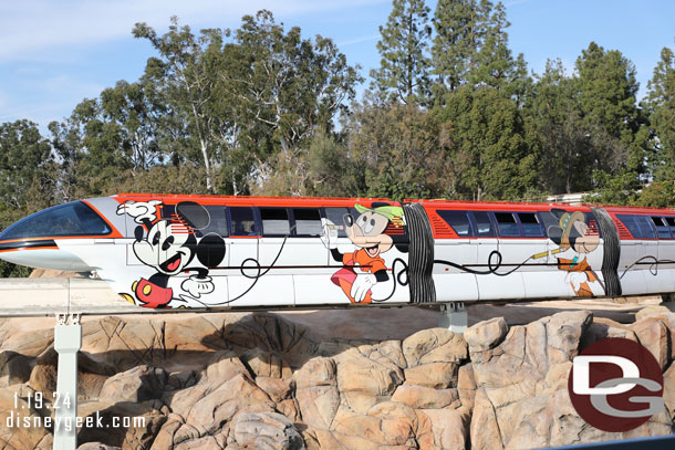 Monorail Orange and Red were on the beam today.  Wonder if the 100 year wrap is being removed from Blue or if it will stick around like these two Get Your Ears on wraps