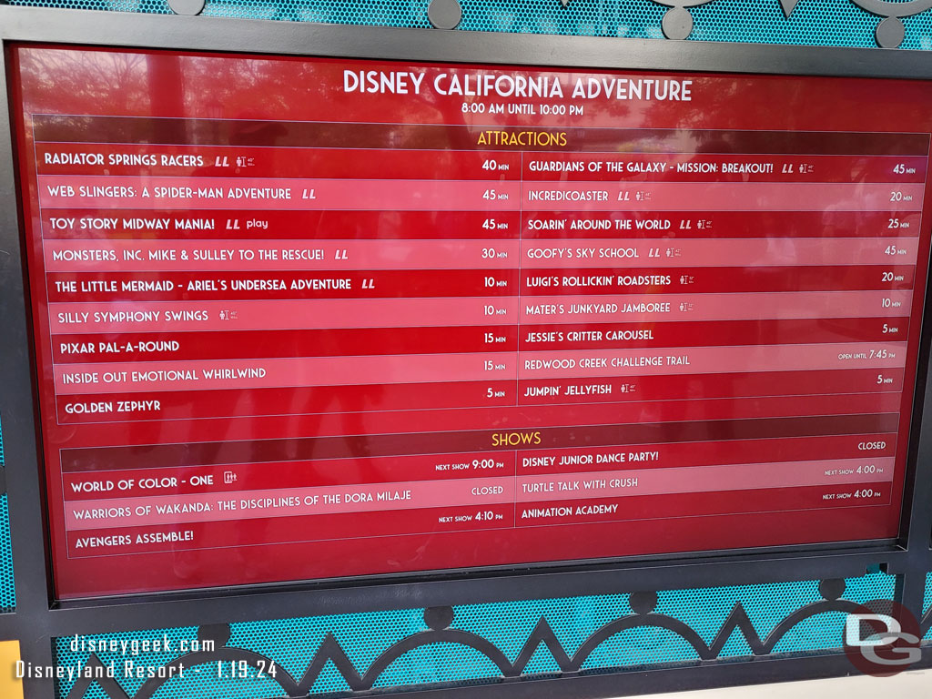 3:34pm - Disney California Adventure wait times