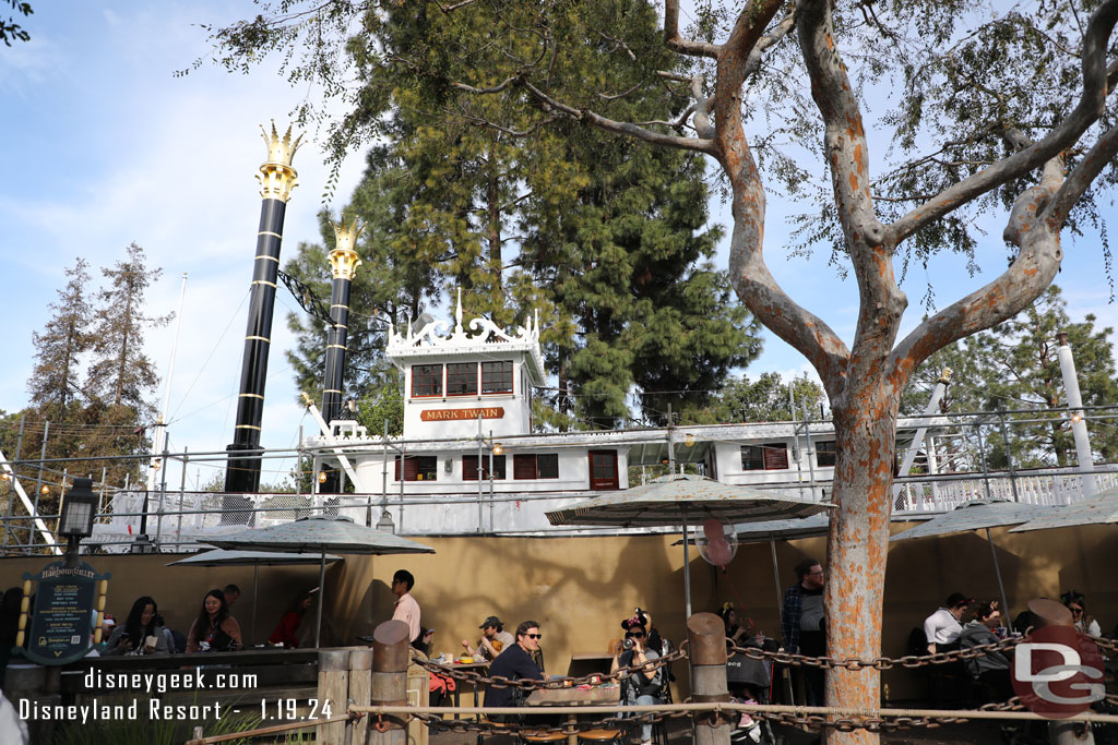 A closer look at the ongoing Mark Twain Riverboat renovation project.  The Disneyland website shows it returning to operation on Feb 10th.