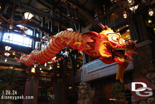 The Grand Californian Hotel is celebrating the Year of the Dragon with a large kite hung in the lobby for Lunar New Year.