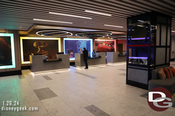 The front desk, on the right notice the display case in the column.