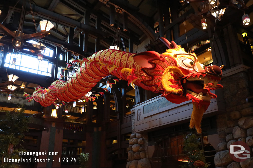 The Grand Californian Hotel is celebrating the Year of the Dragon with a large kite hung in the lobby for Lunar New Year.