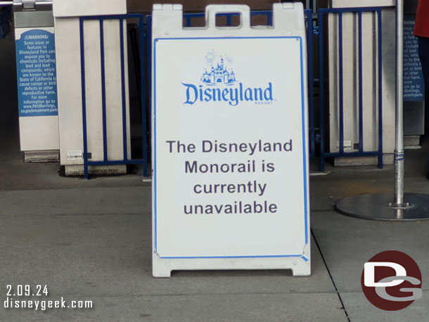 The Monorail was closed.  Learned while we were on it a few minutes there was an earthquake out near Malibu.  Most Disneyland attractions were closed for inspection.  We felt nothing while on the Monorail, it bounces so much anyways.