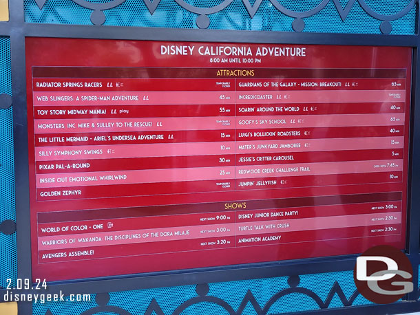 Disney California Adventure wait times at 2:20pm 