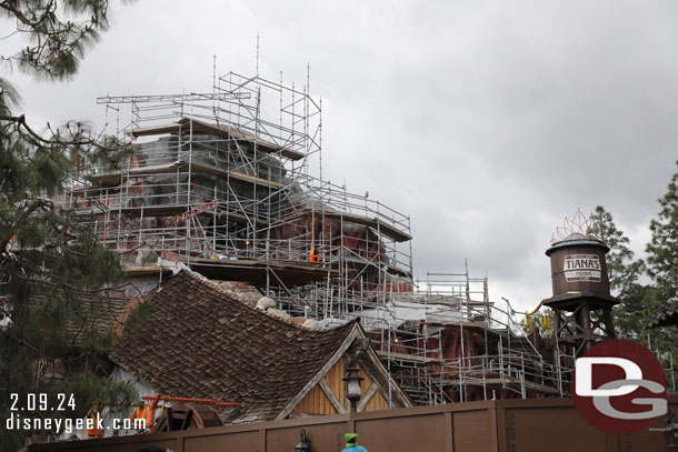 A look at Tiana's Bayou Adventure status.  The rock work around the peak is moving along.