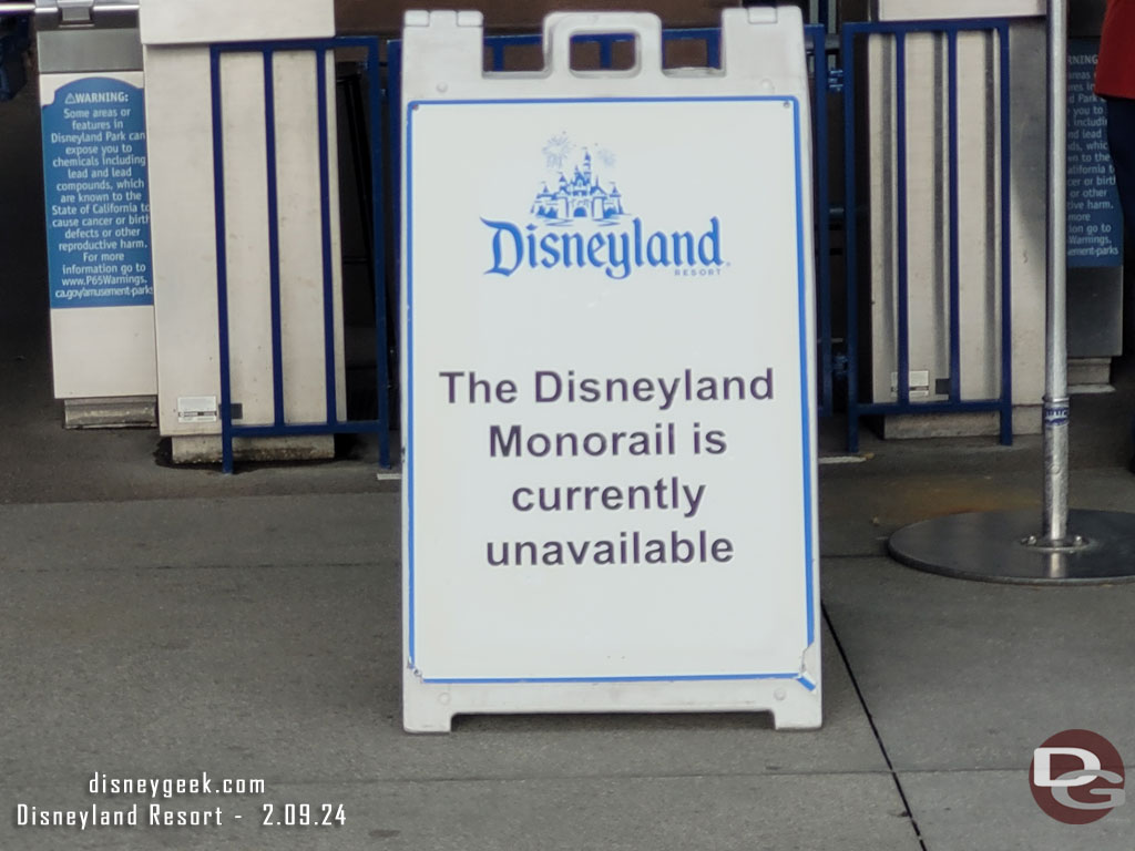 The Monorail was closed.  Learned while we were on it a few minutes there was an earthquake out near Malibu.  Most Disneyland attractions were closed for inspection.  We felt nothing while on the Monorail, it bounces so much anyways.