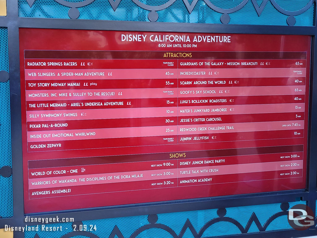 Disney California Adventure wait times at 2:20pm 