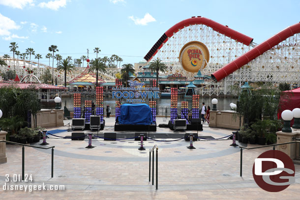 The stage is set up on the fountain area, not the regular stage. Not sure if this was because of the weather or something different/new this year.