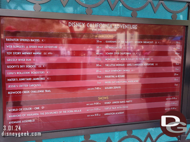 11:16am  - Disney California Adventure wait times