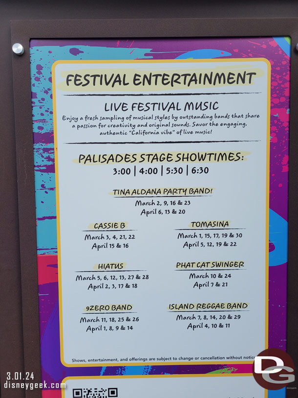 The Palisades Stage schedule for the 2024 Disney California Adventure Food & Wine Festival