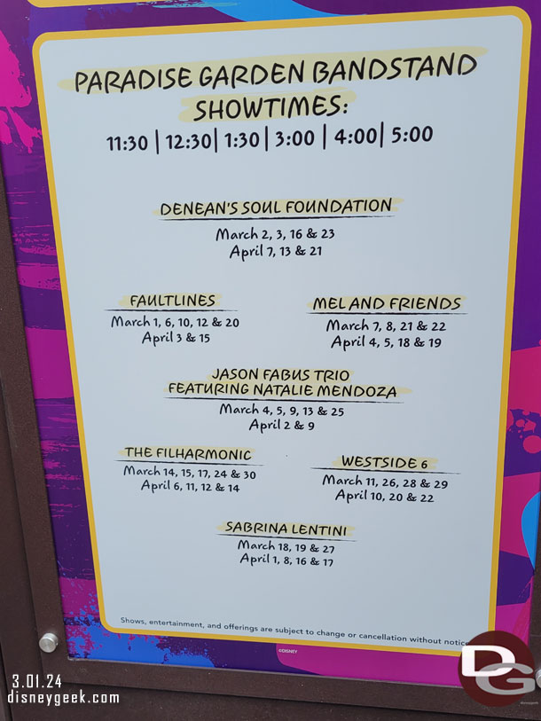 The Paradise Garden Bandstand schedule for the 2024 Disney California Adventure Food & Wine Festival