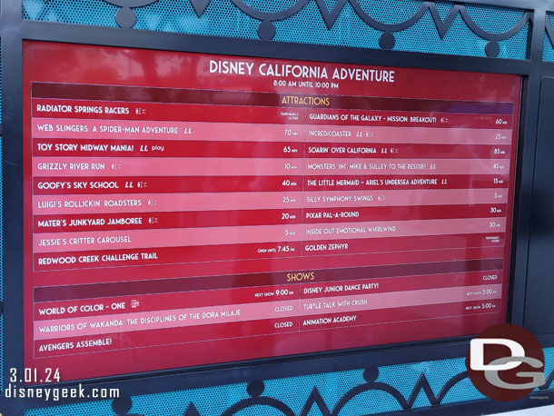 4:38pm - Disney California Adventure wait times