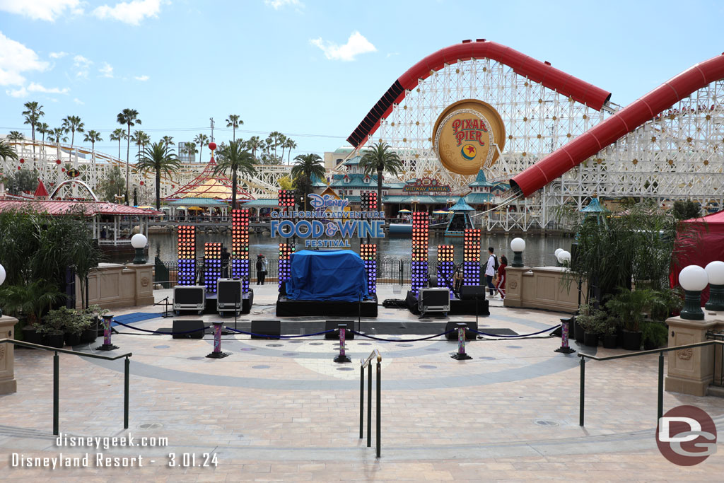 The stage is set up on the fountain area, not the regular stage. Not sure if this was because of the weather or something different/new this year.