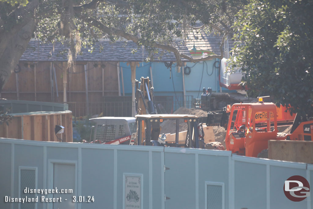 Looking toward the train station, walls are up on the platform.