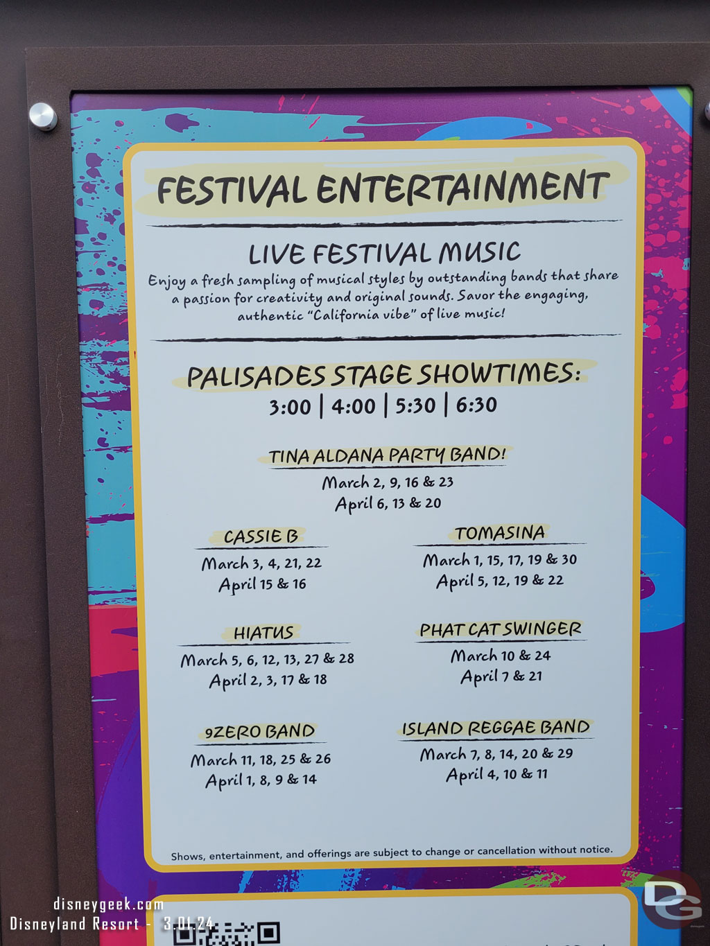 The Palisades Stage schedule for the 2024 Disney California Adventure Food & Wine Festival