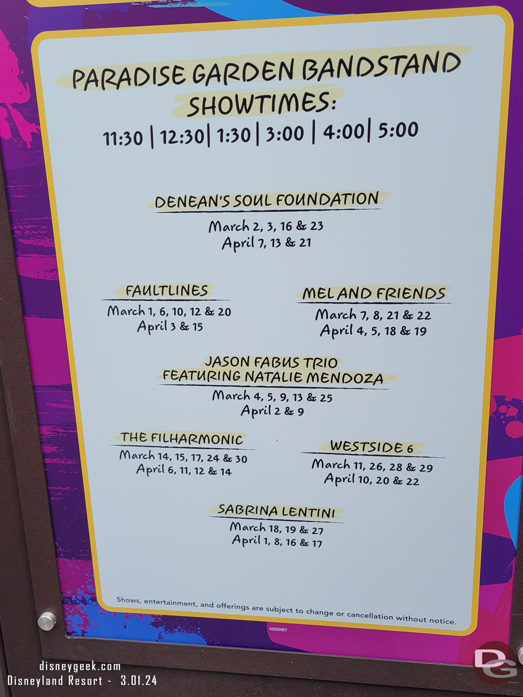 The Paradise Garden Bandstand schedule for the 2024 Disney California Adventure Food & Wine Festival