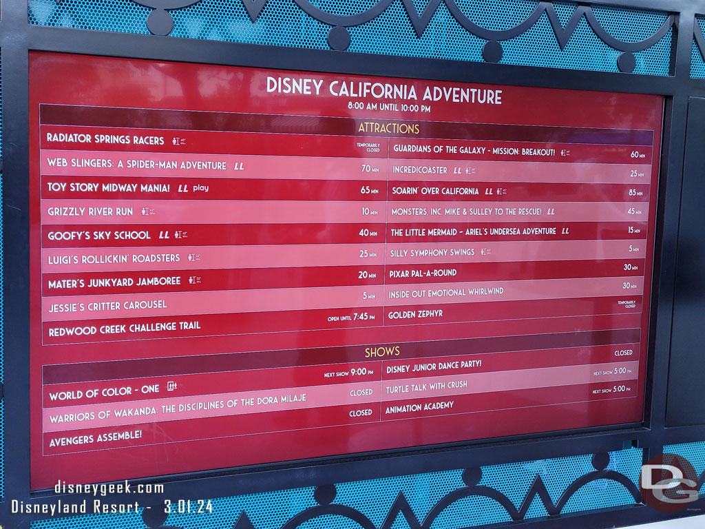 4:38pm - Disney California Adventure wait times