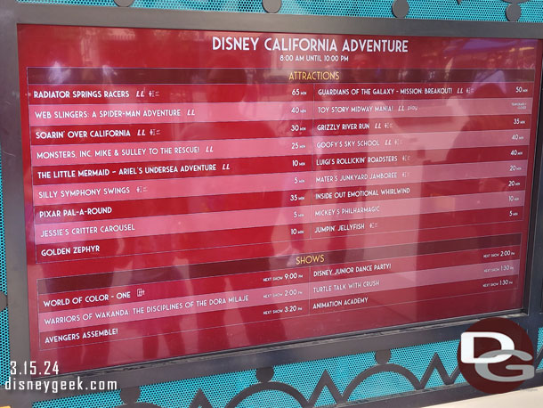 1:29pm - Disney California Adventure wait times.