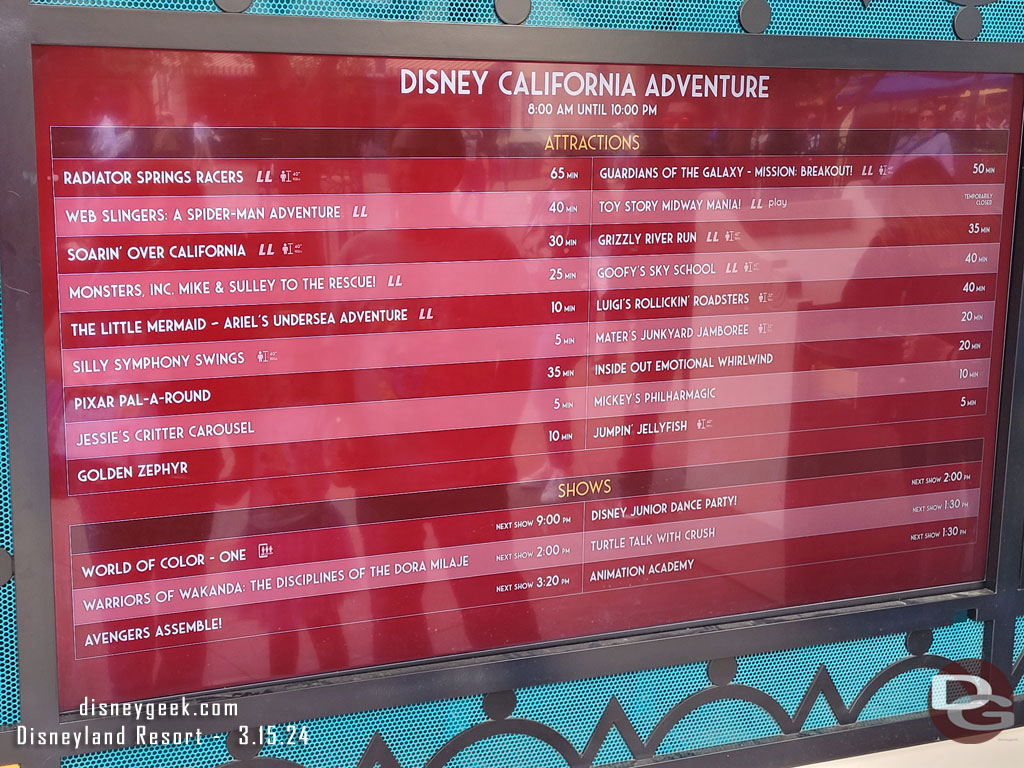 1:29pm - Disney California Adventure wait times.