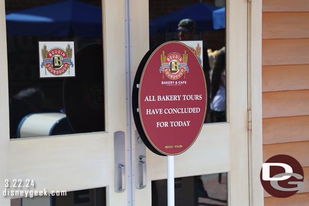 The Bakery was closed today.  Also noteworthy was they were not selling retail loafs today.  There were still bread bowls available though.