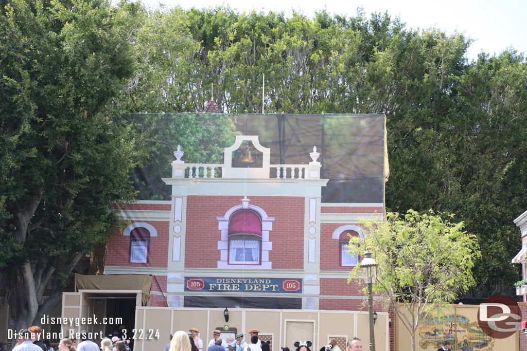 City Hall and the Fire Station scrims are back up and the renovation work continues