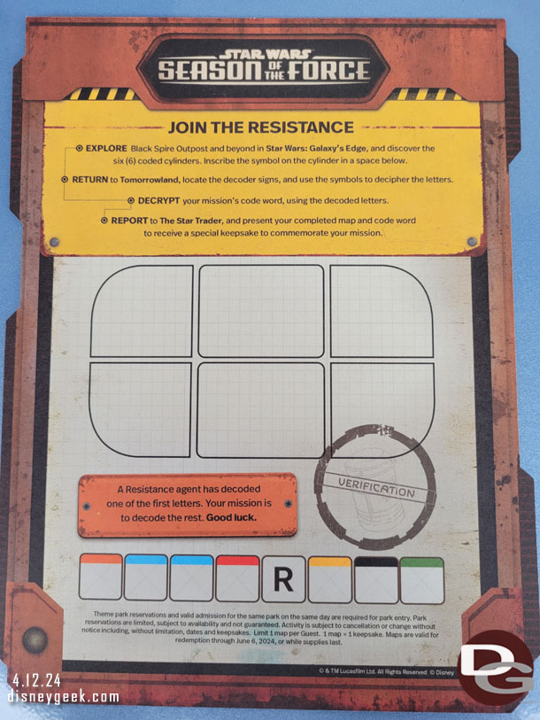 Once you have your board you go to Star Wars: Galaxy's Edge and locate the six cylinders and write down the color and inscription on each.  Then return to Tomorrowland to decode and get your prize.