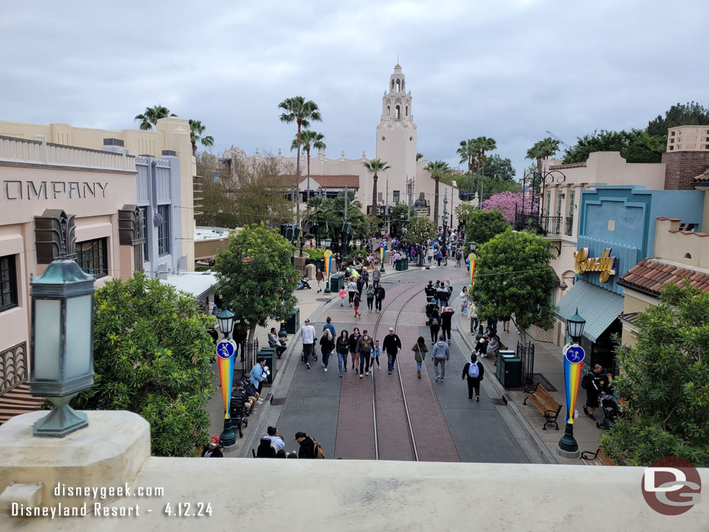 Cruising over Buena Vista Street aboard the Disneyland Monorail