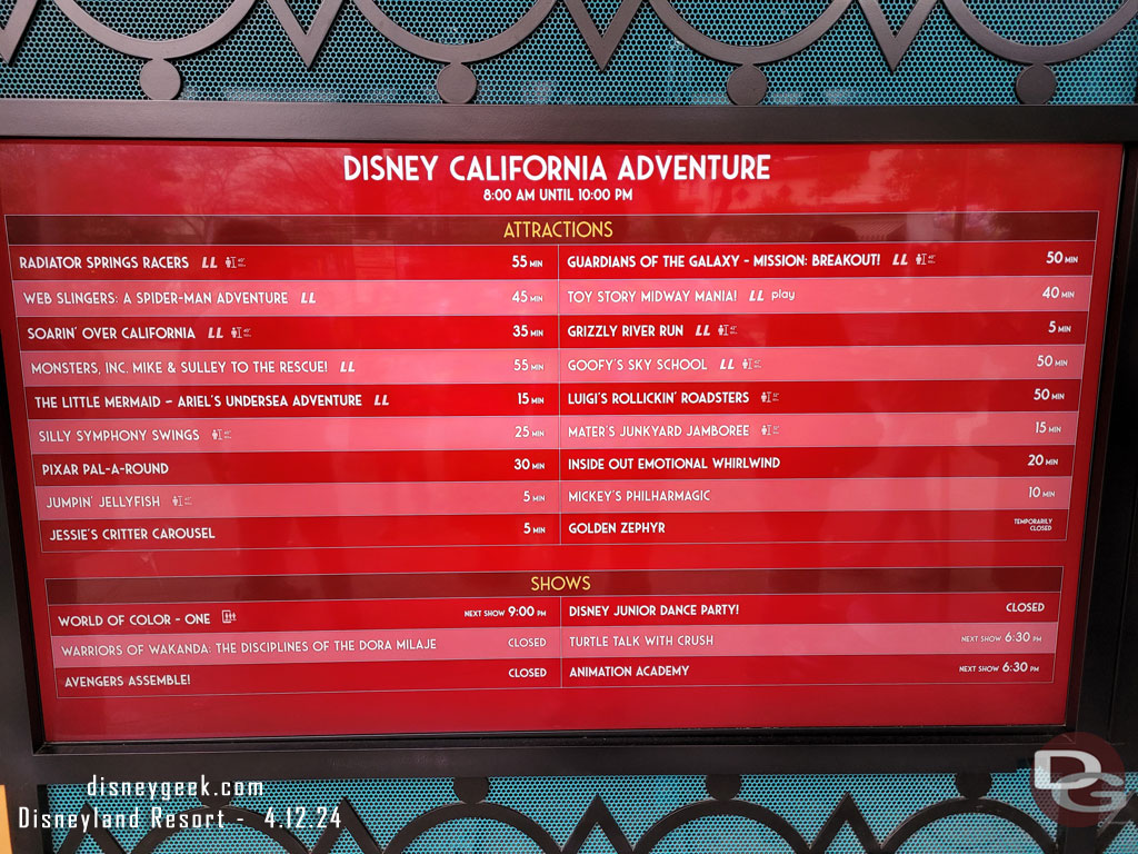 6:19pm - Disney California Adventure Wait Times