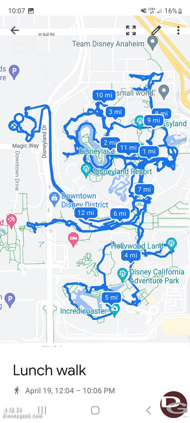 10:07pm - Back at the car.  Here is my path for the day.  22 min from fireworks ending until I reached my car.