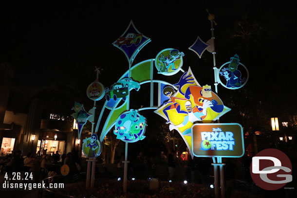 The sculpture on Buena Vista Street after dark.