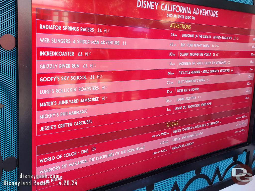 2:38pm - Disney California Adventure wait times