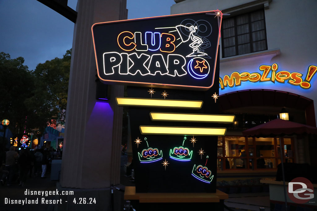 Club Pixar Takes place in Hollywood Land from 4:30pm to 8:30pm.  Time for a walk through after dark.