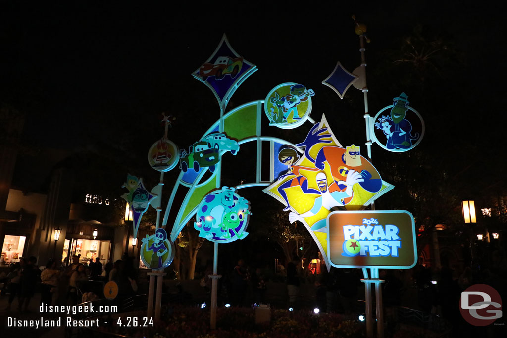 The sculpture on Buena Vista Street after dark.