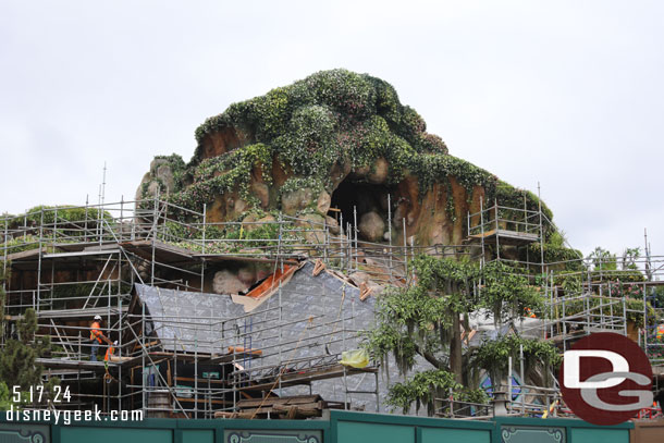 A number of workers visible at Tiana's Bayou Adventure as the exterior work enters its final stages.