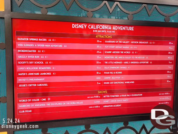 2:02pm - Disney California Adventure wait times.