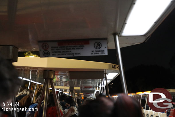 9:38pm - Onboard a tram and ready to depart.